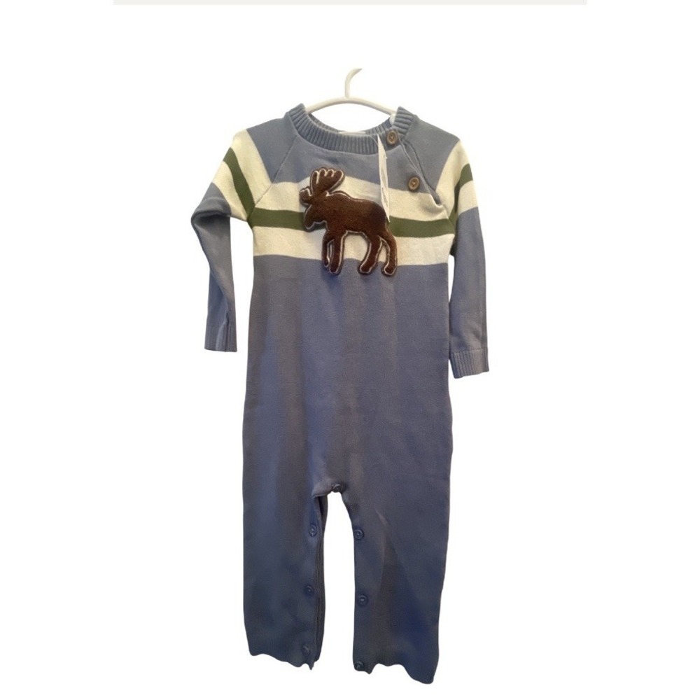 Good Lad Cracker Barrel Moose Patch Sweater Romper Blue Striped 18M NWT
